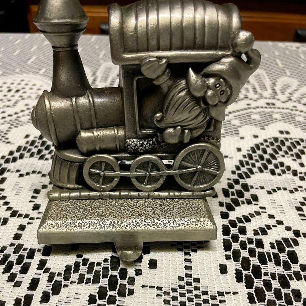 Santa Driving Train Metal Mantle Stocking Holder